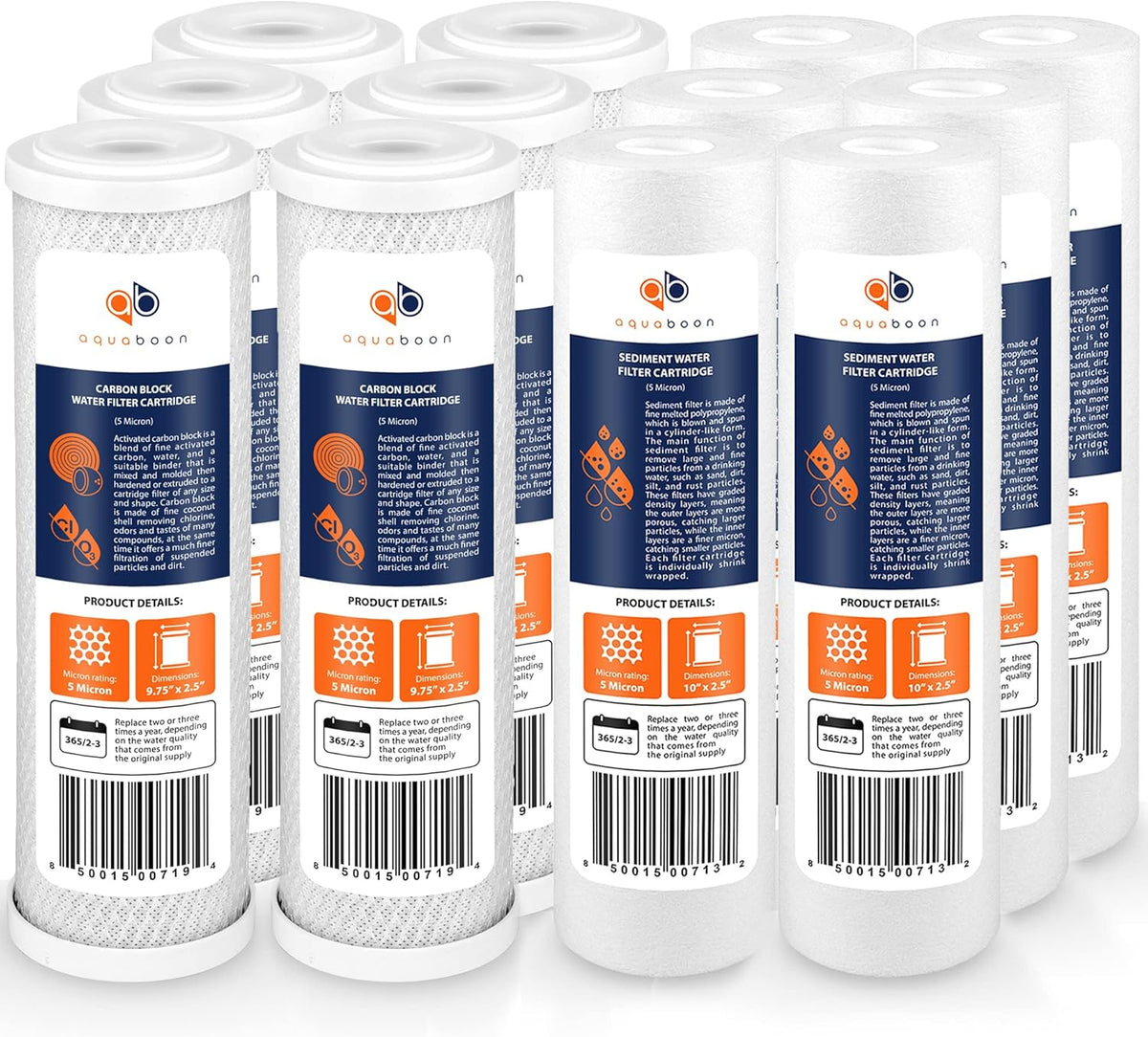 12 Pack 5 Micron 10 inch Reverse Osmosis Sediment and Carbon Filters G841