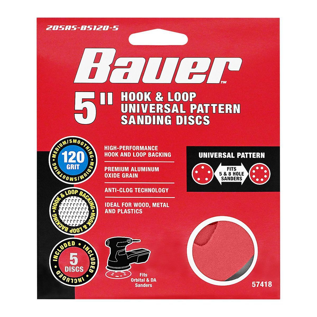 5 in. 120 Grit Hook and Loop Sanding Discs, 5 Pack Q5585