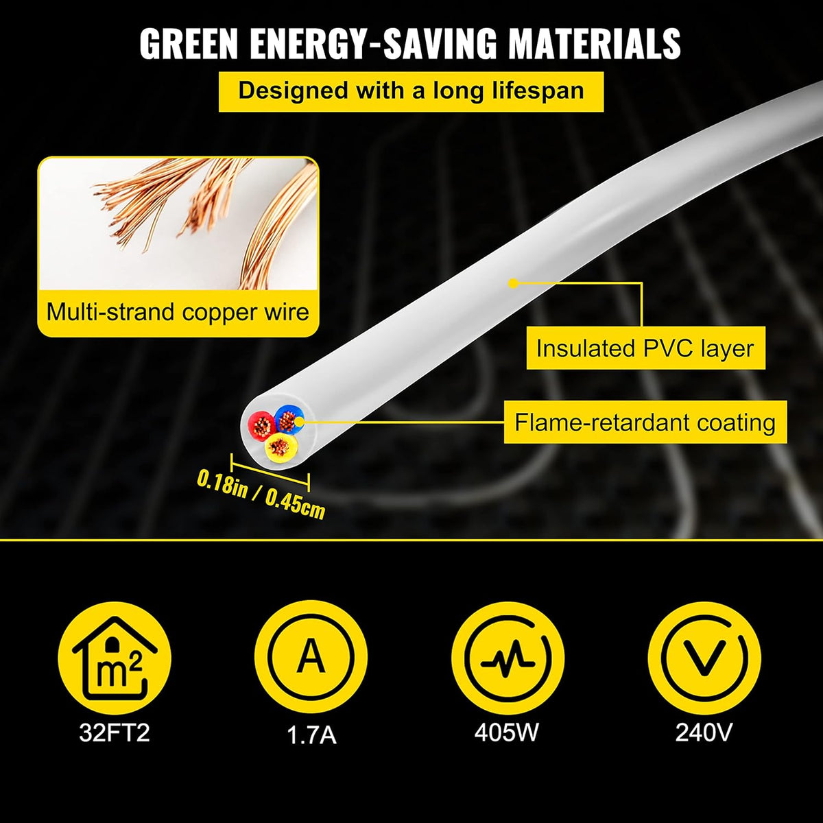 32 Square Feet Waterproof Insulated Floor Heating Cable with Temperature Control Panel H5494