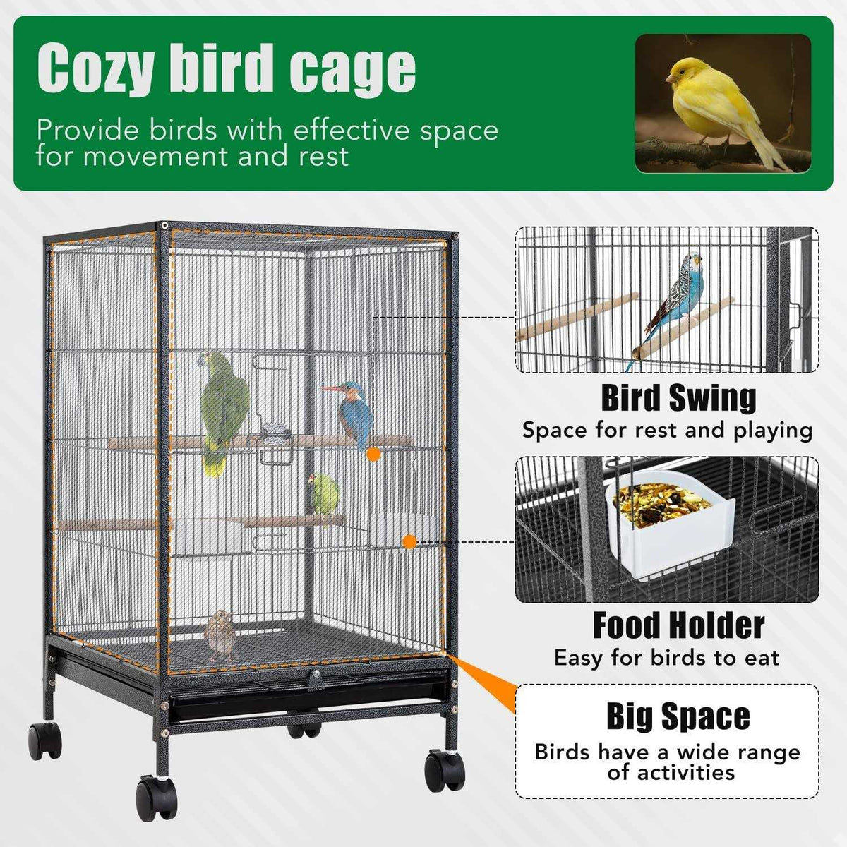 35-inch Wrought Iron Bird Cage with Rolling Stand B24176