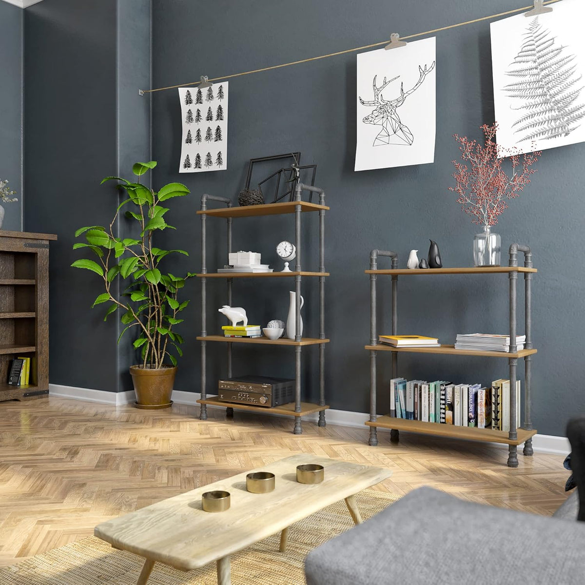 3-Tier Pine and Metal Bookshelf F860