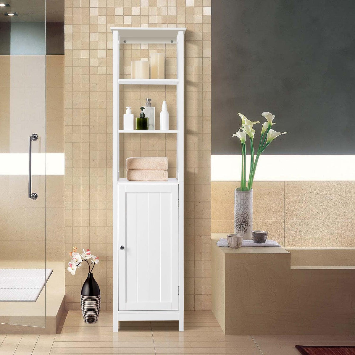 3 Tier Free Standing Wooden Bathroom Storage Cabinet with Adjustable Shelf, White G127920