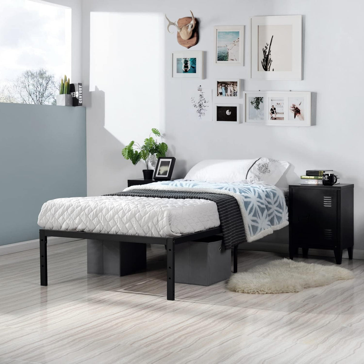 Black Metal Platform Bed Frame with Headboard and Footboard Twin Size N75692