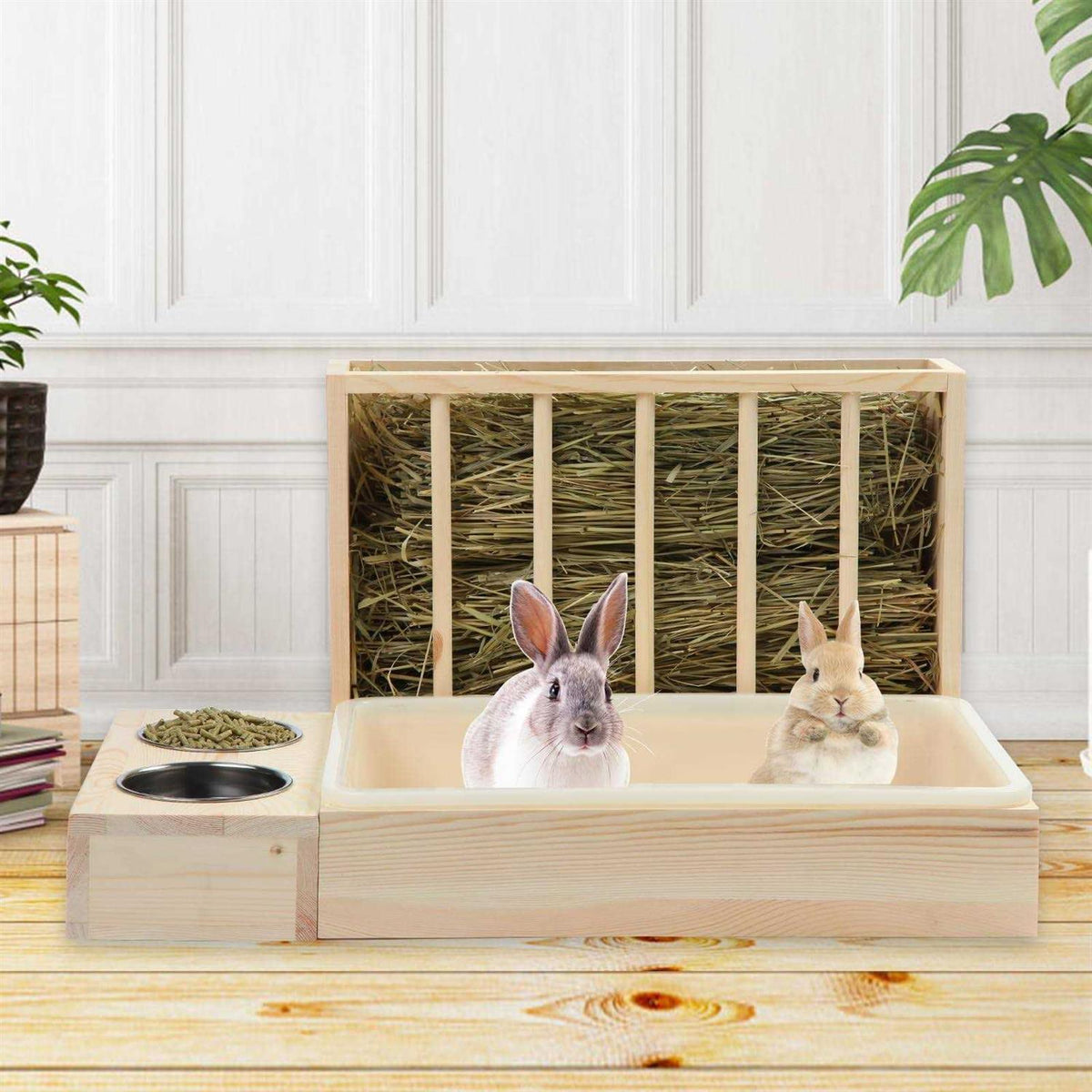 3 in 1 Rabbit Hay Feeder with Litter Box Wooden Hay Holder B73066