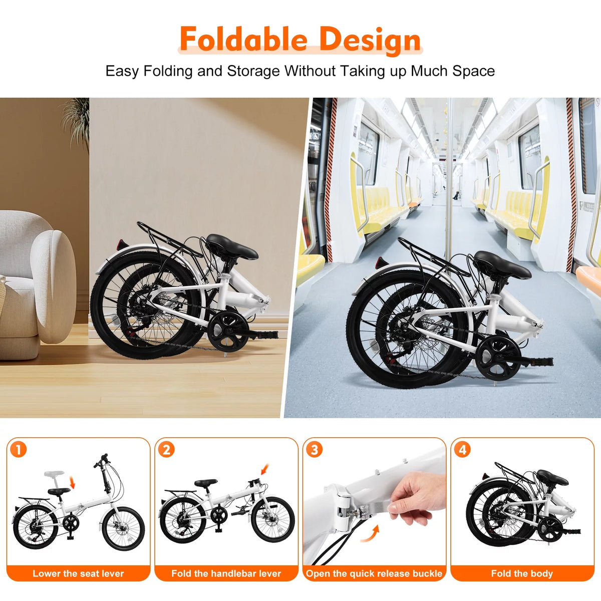 20-inch Wheels 7 Speed Folding Bike White F584