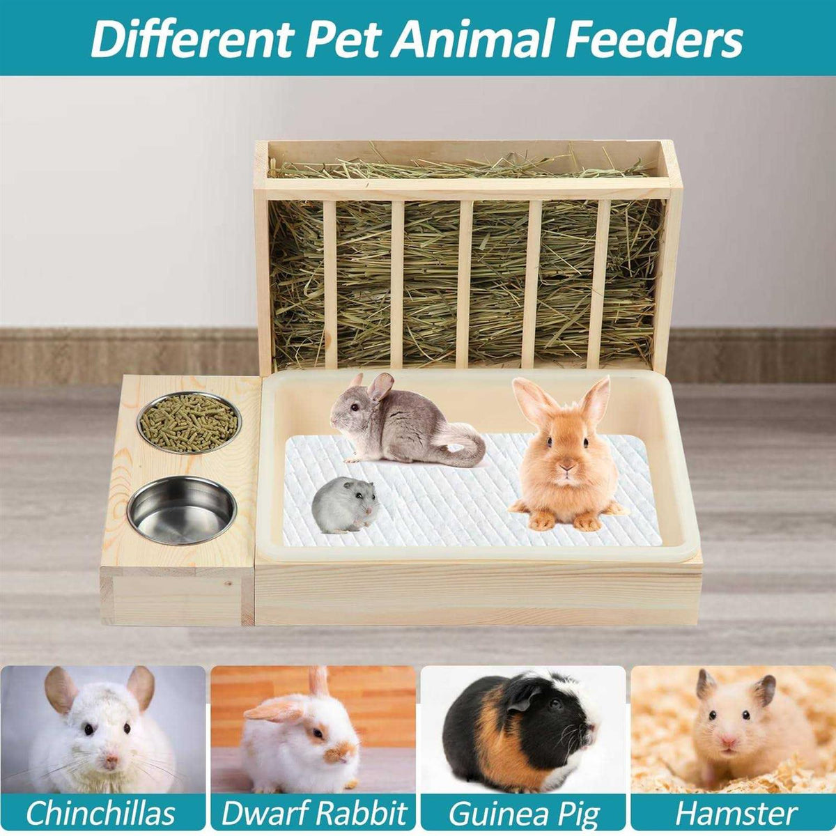 3 in 1 Rabbit Hay Feeder with Litter Box Wooden Hay Holder B73066