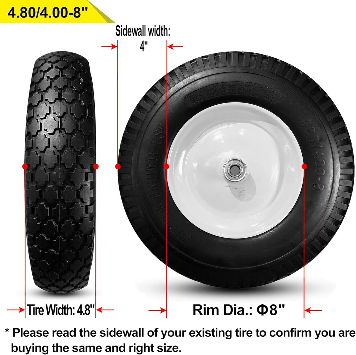 Black 4.80/4.00-8 Flat Free Wheelbarrow Tire with Steel Rim P736
