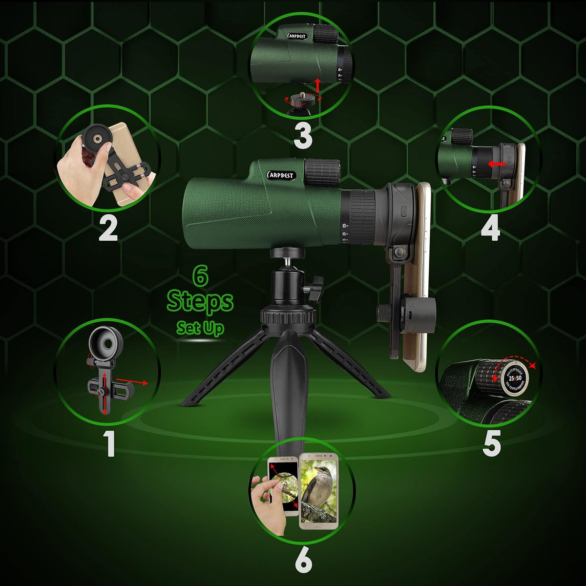 25X50 High Definition Monocular Telescope with Smartphone Holder & Tripod S830920
