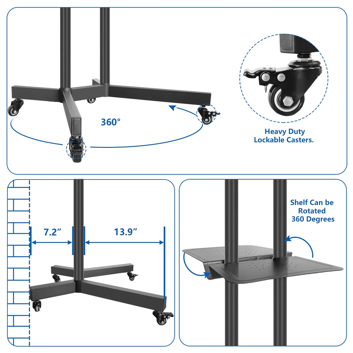 Black Mobile TV Stand Cart on Wheels for 32 to 75 inch TVs H6919