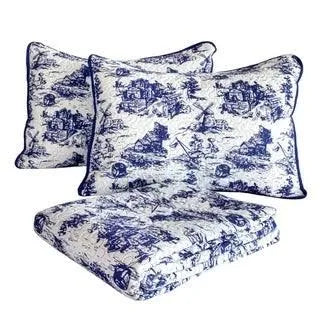 Blue King 3 Piece Toile Print Quilt Set A6148