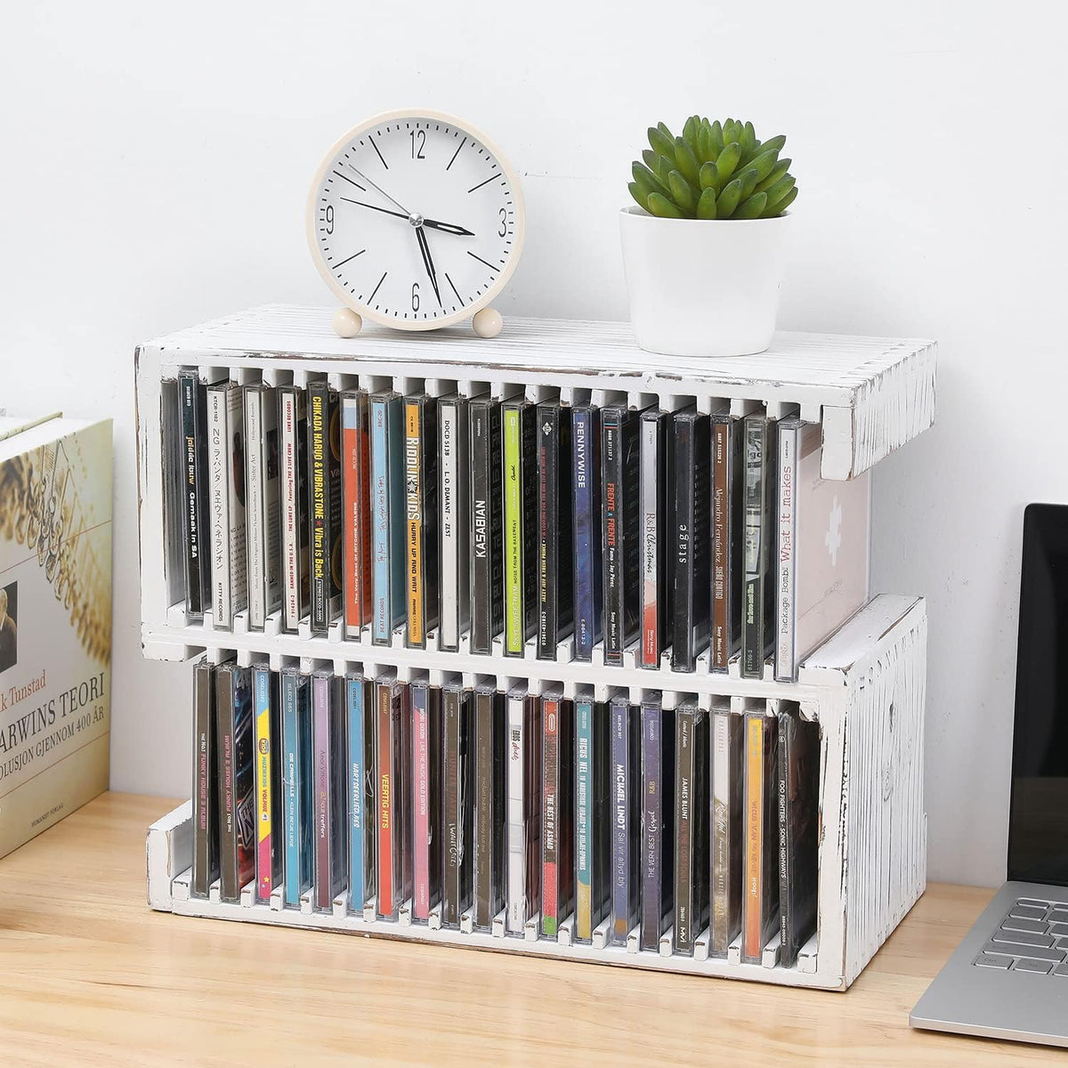 2-Tier White Solid Wood Wall Mounted CD Storage Rack O306
