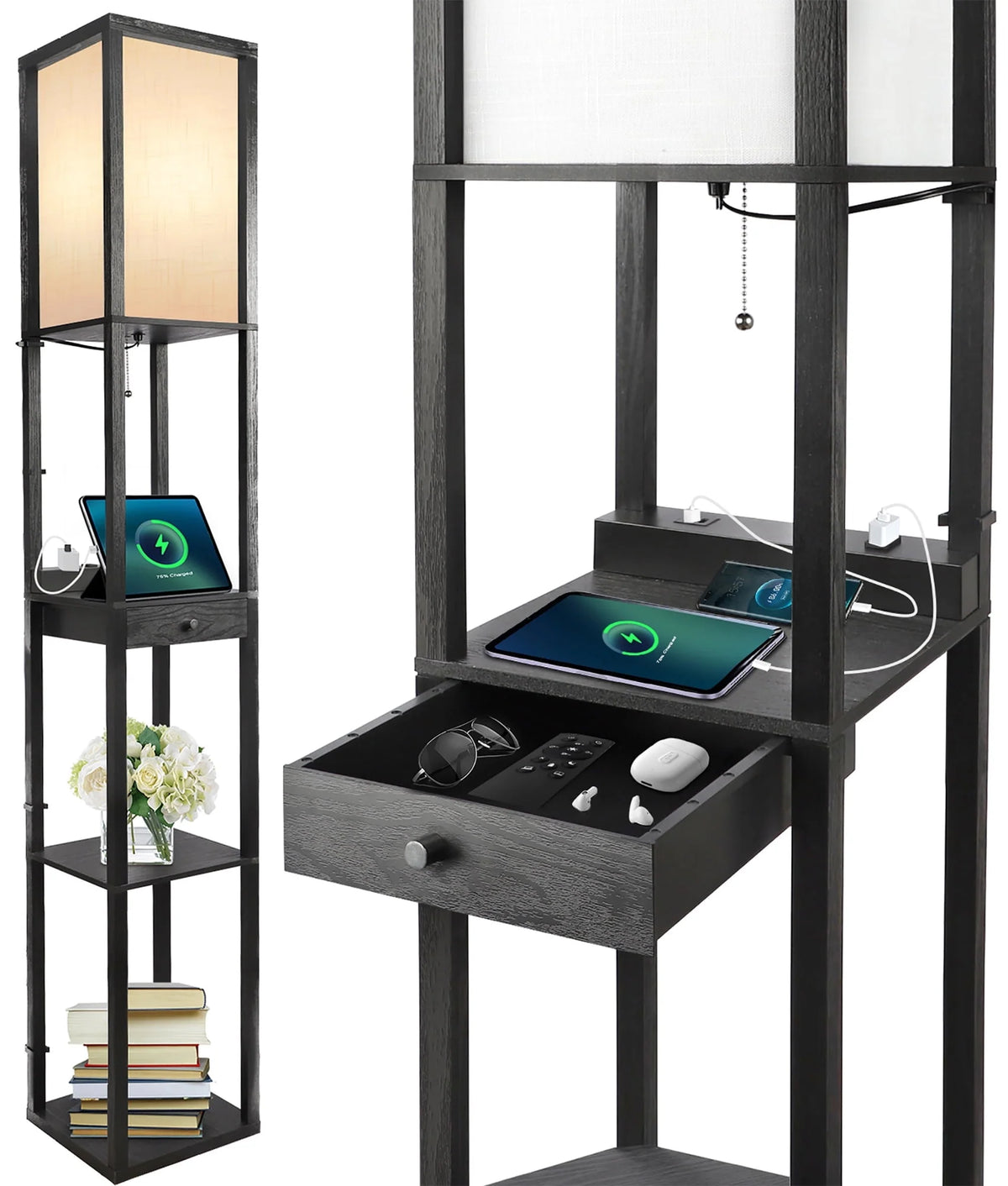 Floor Lamp with Shelves, USB Port, Linen Shade H555