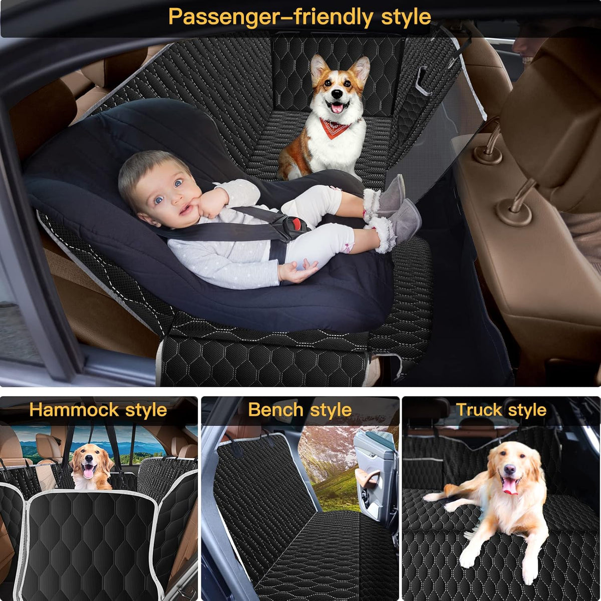 100% Waterproof Nonslip Scratchproof Dog Car Seat Cover with Mesh Window, Black E8885