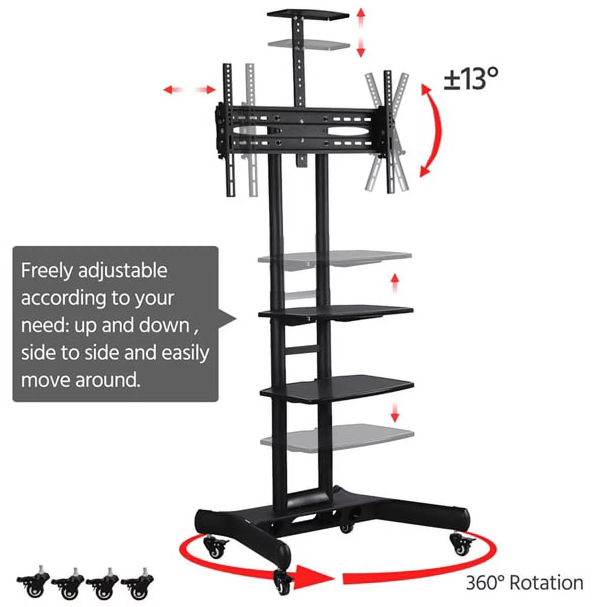 Adjustable 3 Tier Mobile TV Stand Cart Black W386