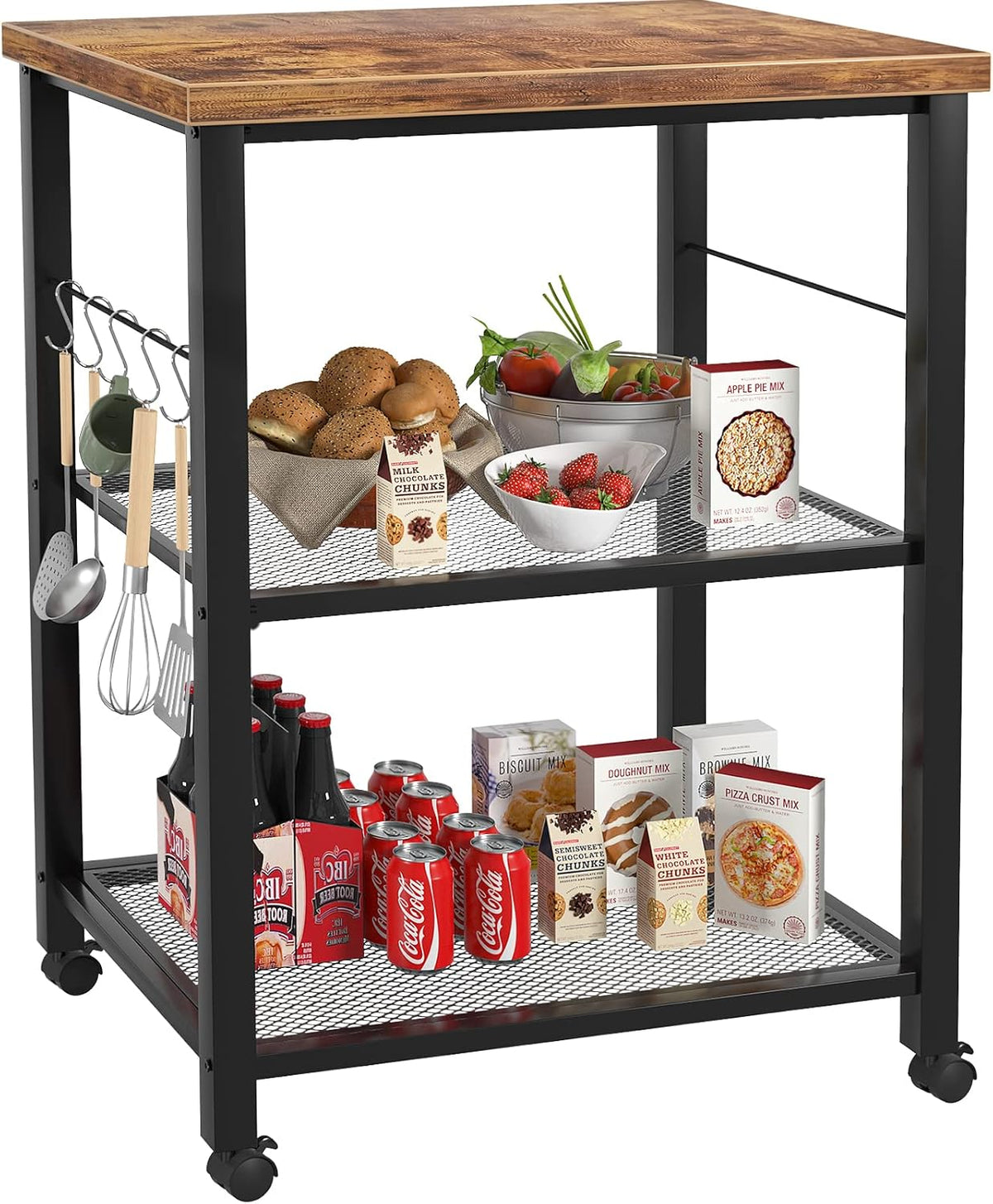 3 Tier Kitchen Cart with Wheels and 5 Hooks E7731