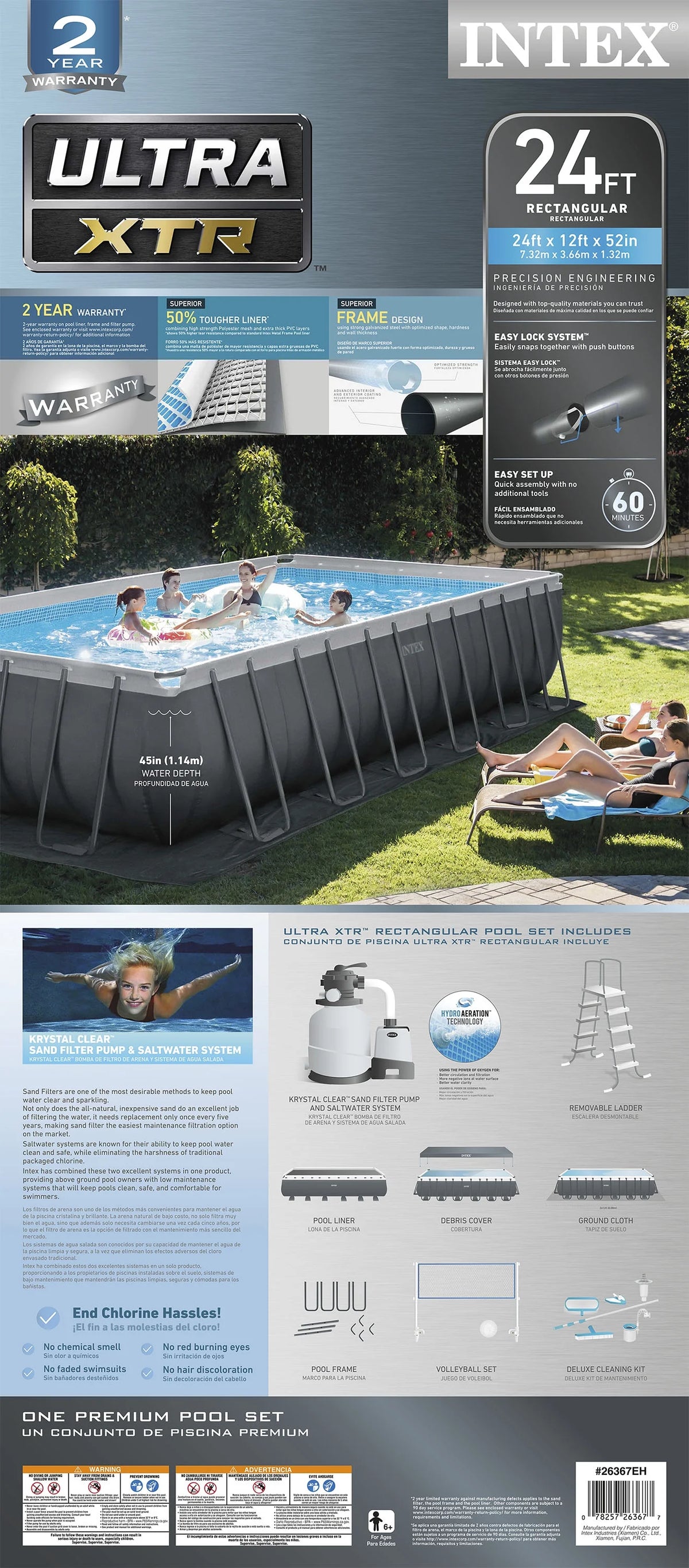 24' x 12' x 52 Rectangular Frame Swimming Pool Set with Pump U399399