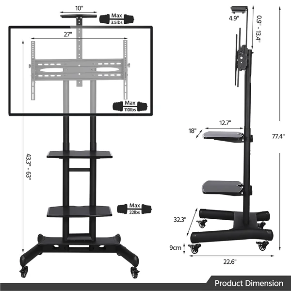 Adjustable 3 Tier Mobile TV Stand Cart Black W386