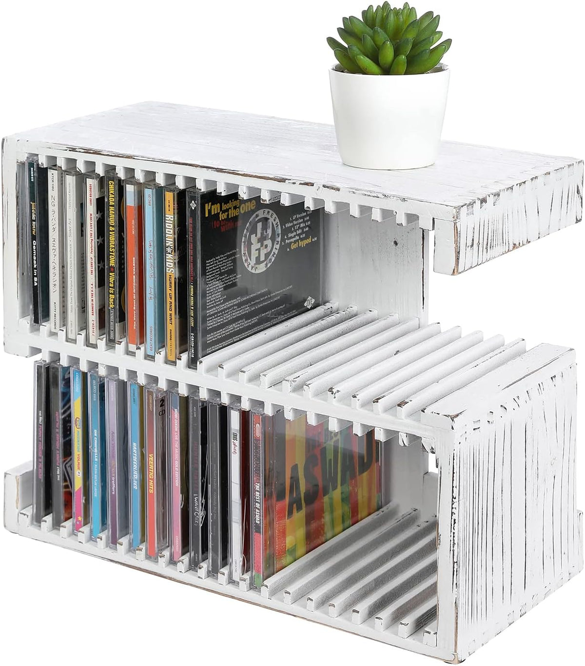 2-Tier White Solid Wood Wall Mounted CD Storage Rack O306