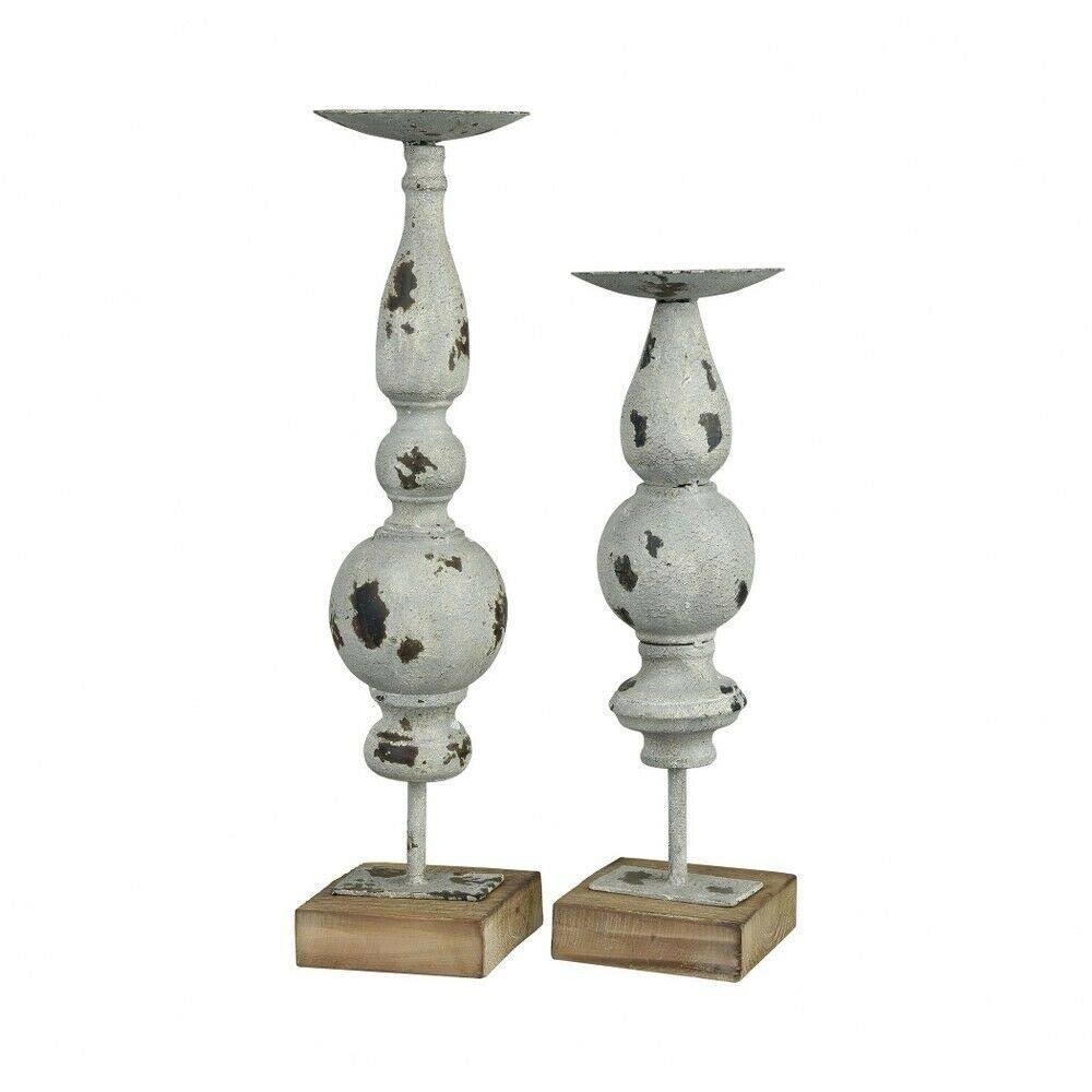 Antiqued Pillar Leg Dish Candle Holder Set of 2 Iron Wood J214