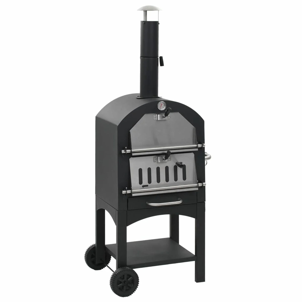 Charcoal Fired BBQ Grill Pizza Oven with Bottom Shelf and Fire Tray Wheeled Steel L152798