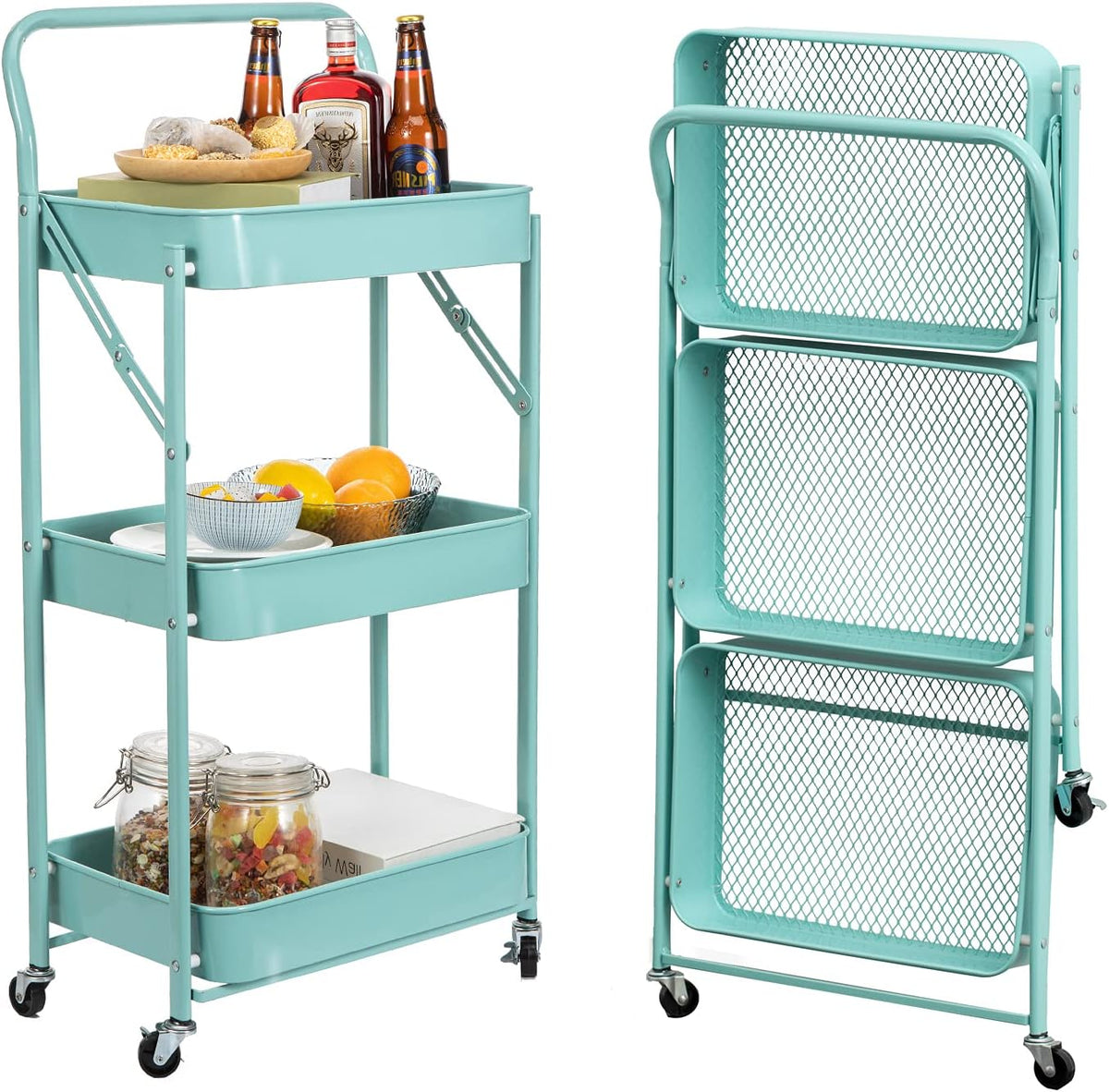 3 Tier Foldable Metal Rolling Cart with Handle and Wheels X112