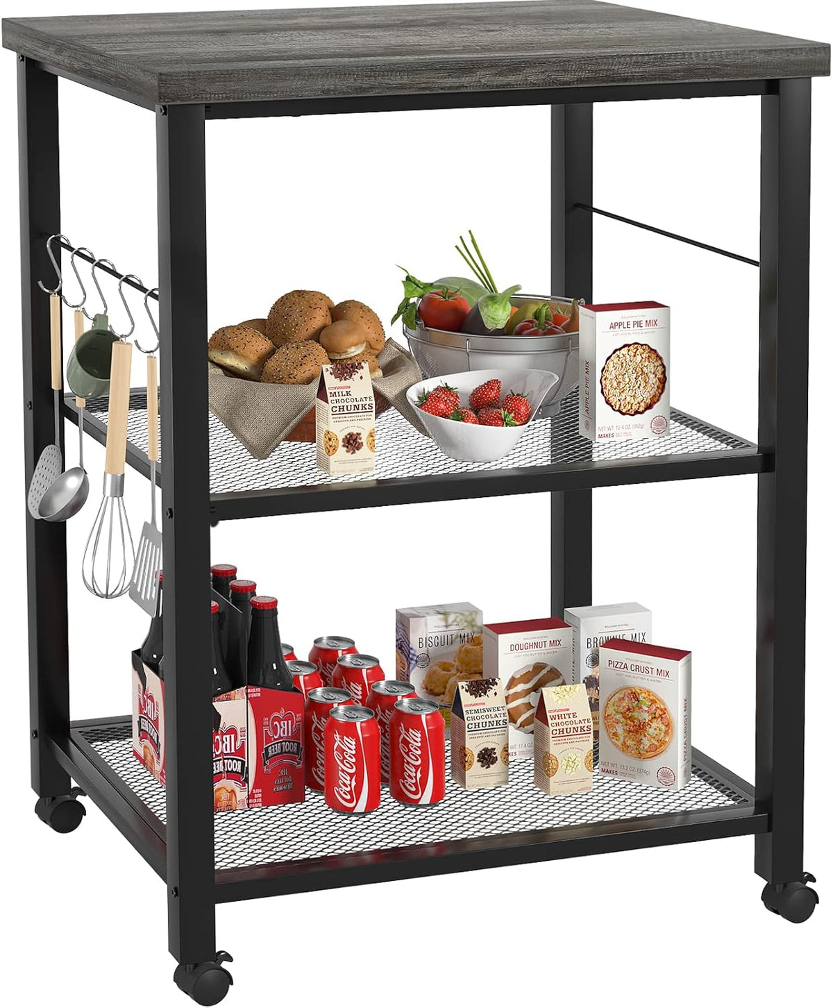 3 Tier Kitchen Cart with Wheels and 5 Hooks E7731