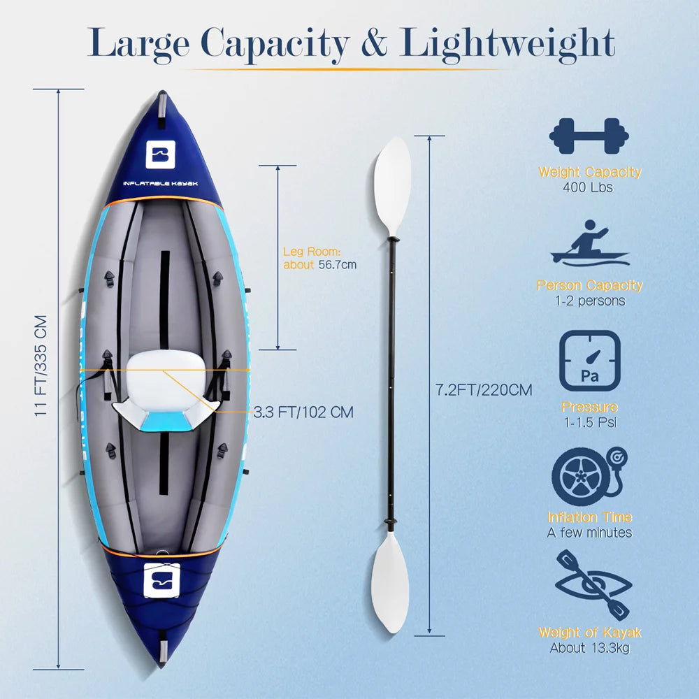 11ft 2 Person Inflatable Fishing Kayak Set with 2 Paddles Blue Y1852