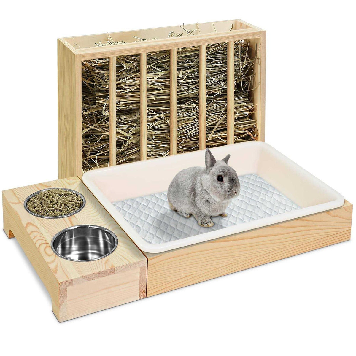 3 in 1 Rabbit Hay Feeder with Litter Box Wooden Hay Holder B73066