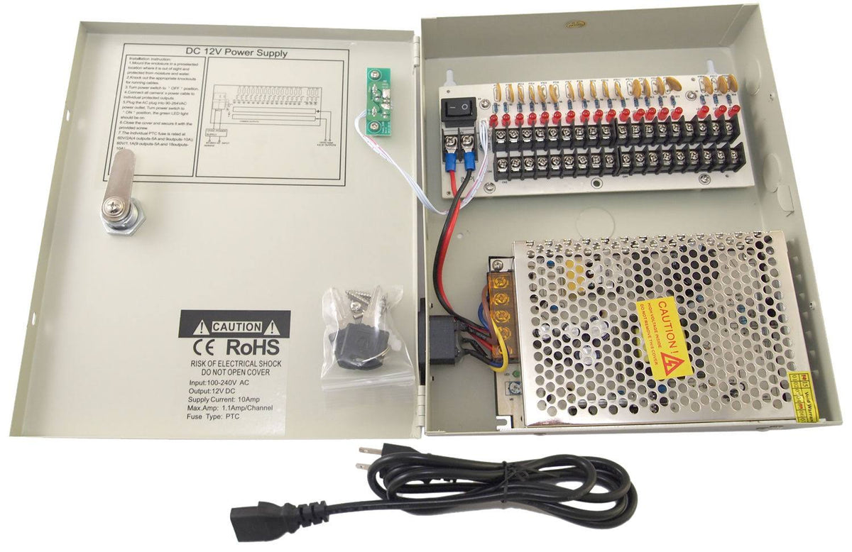 18 Channel 12V DC 10 Amp UL Listed Power Supply Box J863