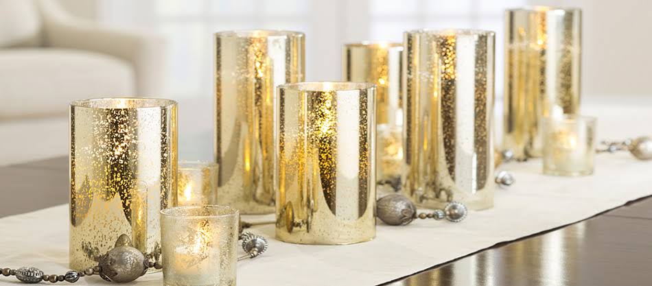 6x22 Gold Mercury Glass LED Pillar Candle with Timer I32817