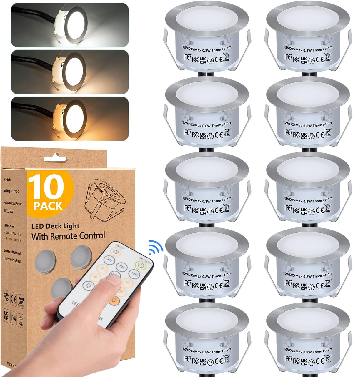 10 Pack IP67 Waterproof 12V Recessed LED Deck Light Kits U231