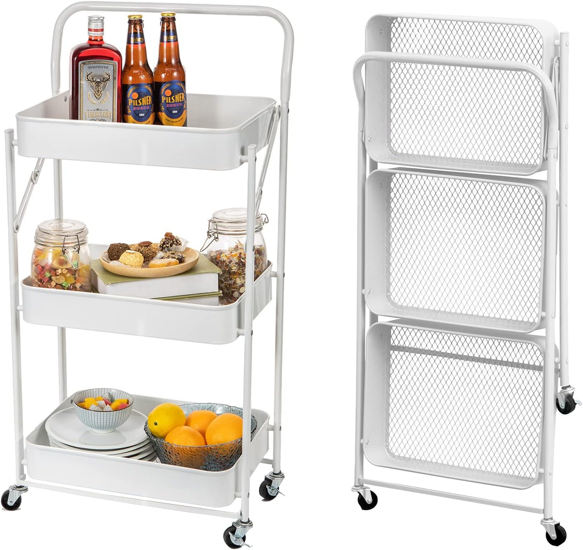3 Tier Foldable Metal Rolling Cart with Handle and Wheels X112