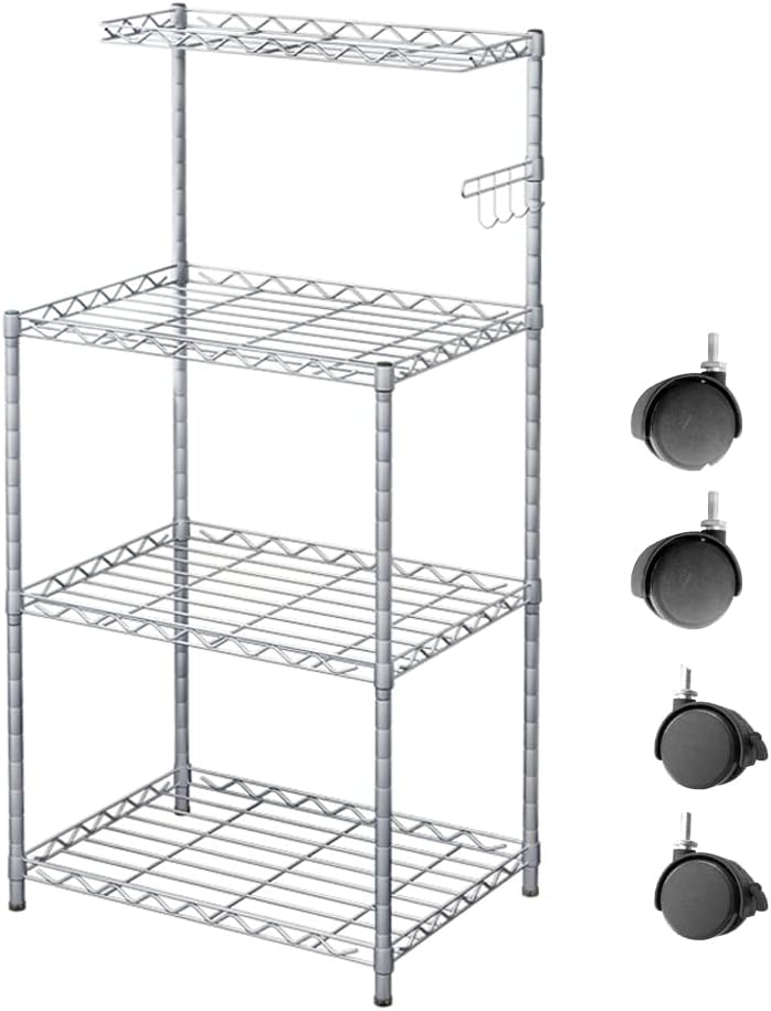 4-Tier Kitchen Baker’s Rack with Wire Mesh Shelves and Wheel Casters S9490