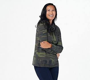 Green Camo Waffle Knit Cowlneck Top B7438