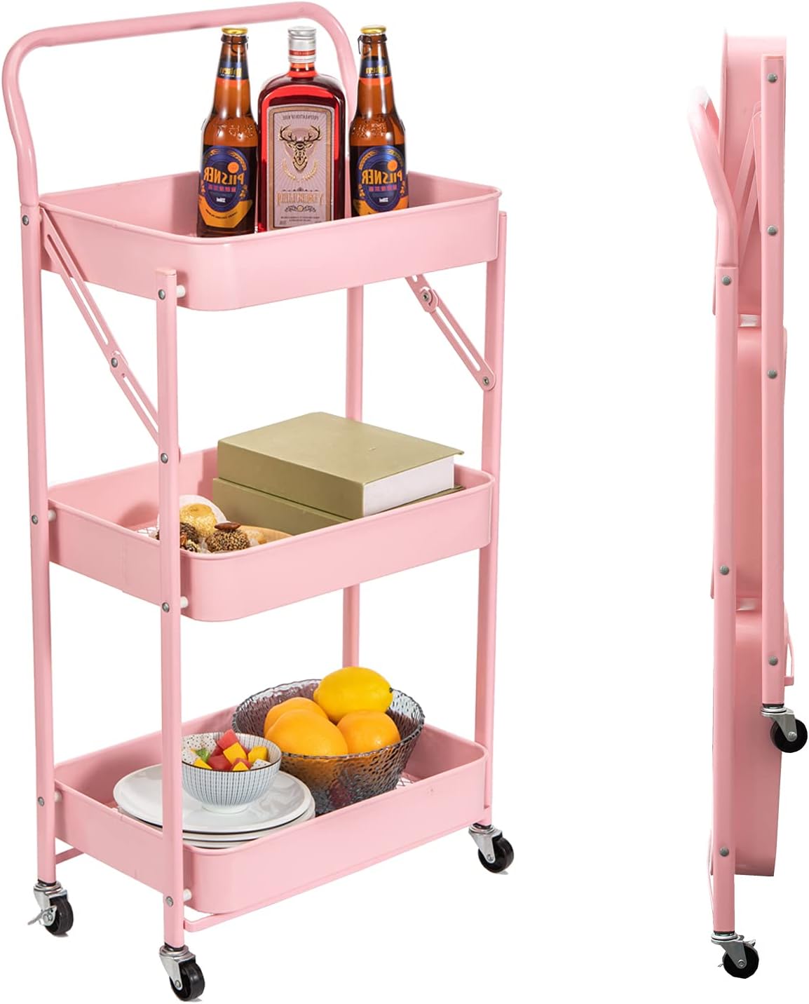 3 Tier Foldable Metal Rolling Cart with Handle and Wheels X112