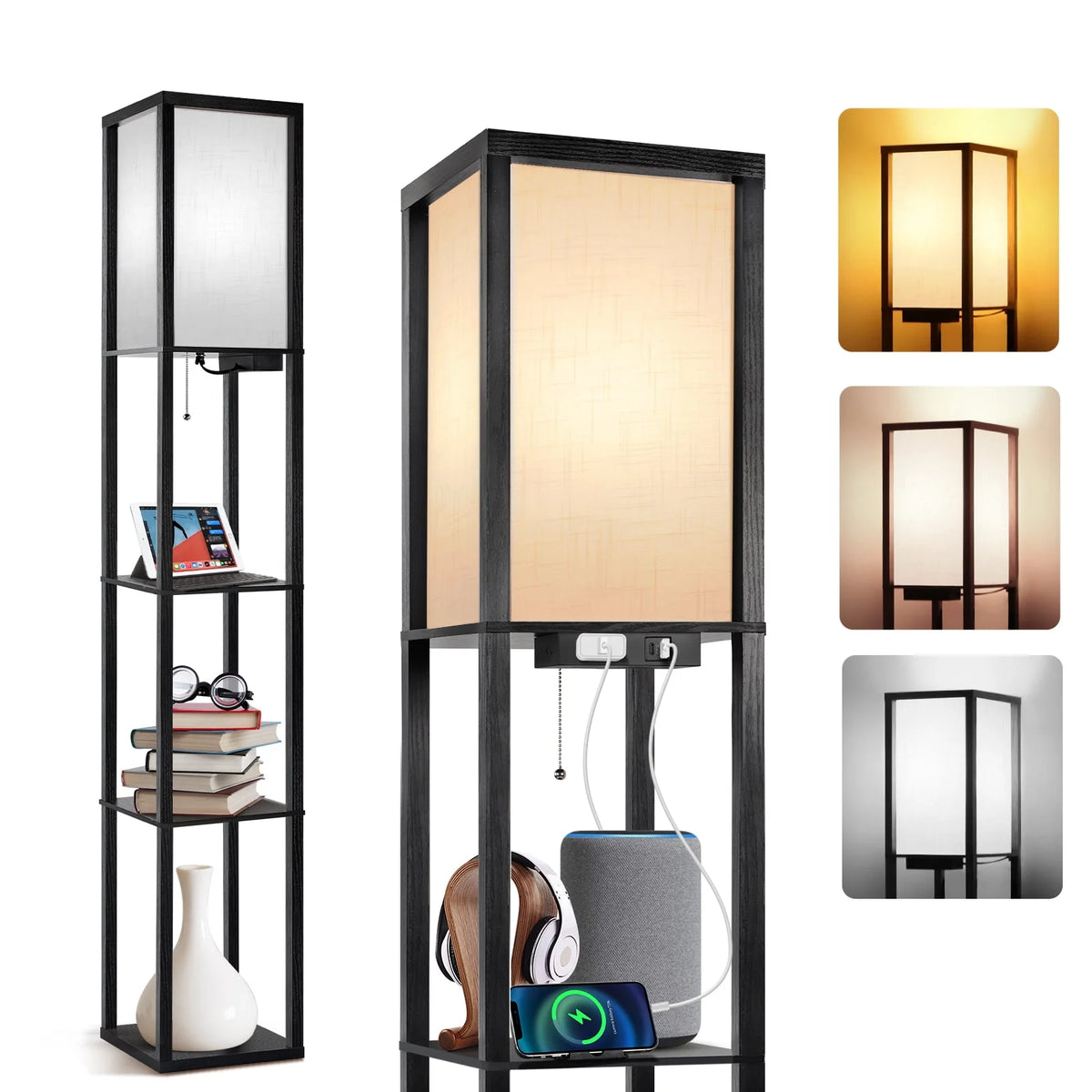 Floor Lamp with Shelves, USB Port, Linen Shade H555