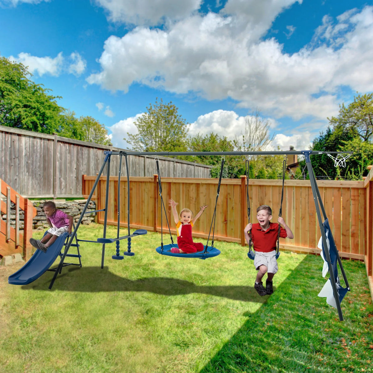 5 in 1 Metal Swing Set with Slide and Glider O232180