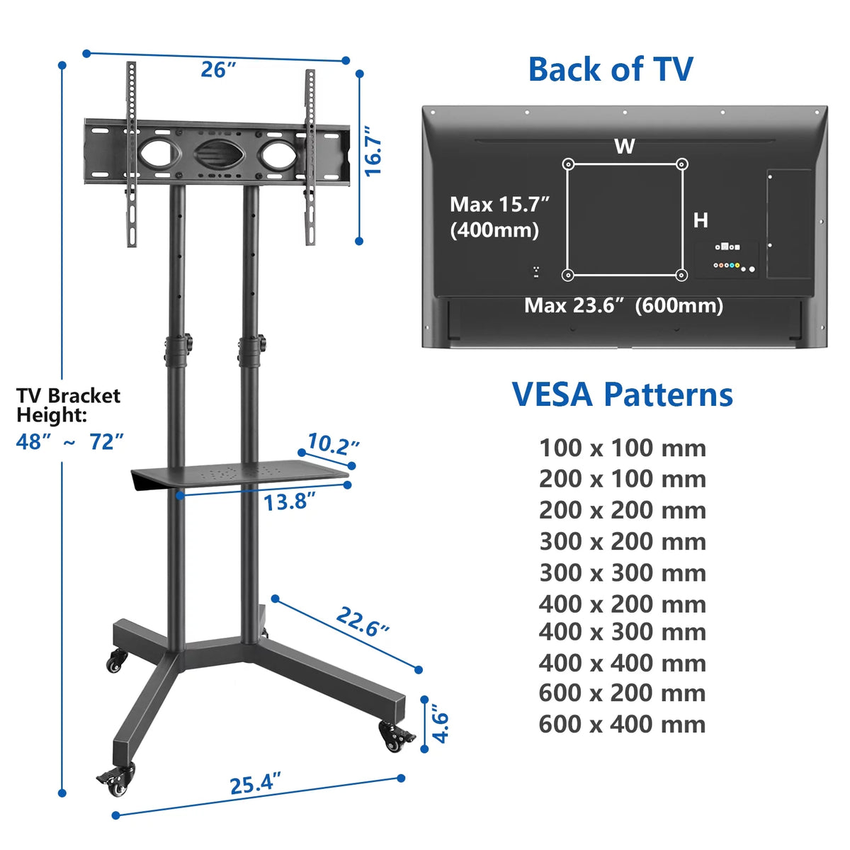 Black Mobile TV Stand Cart on Wheels for 32 to 75 inch TVs H6919