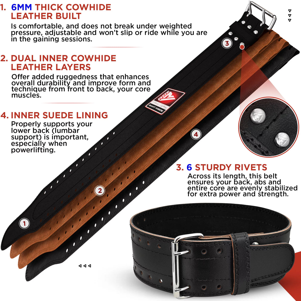 6mm Leather Weight Lifting Belt Black M B196114