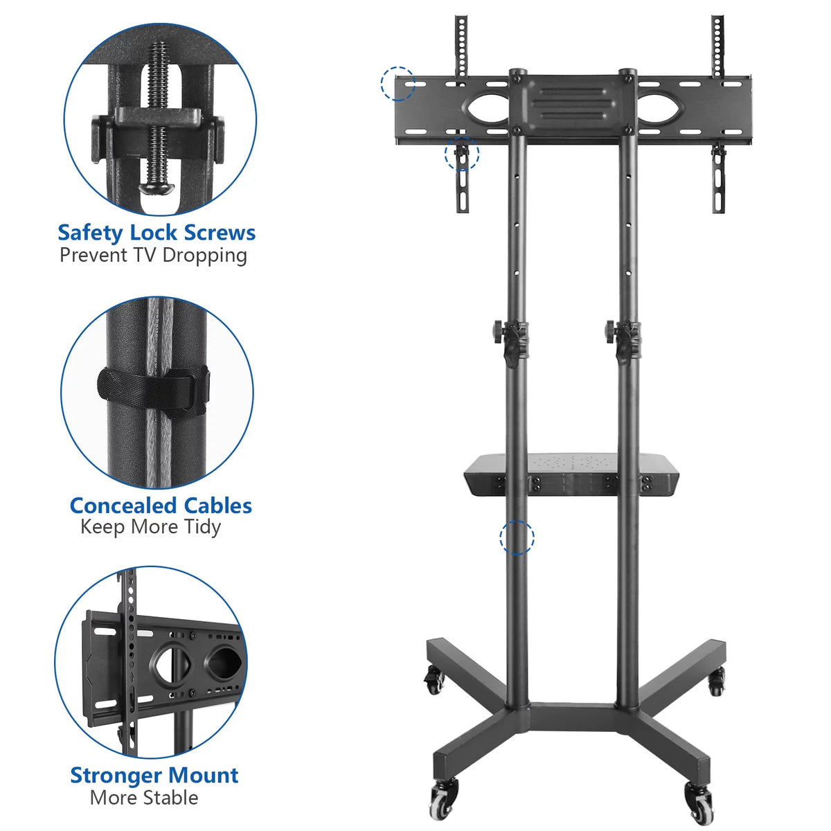 Black Mobile TV Stand Cart on Wheels for 32 to 75 inch TVs H6919