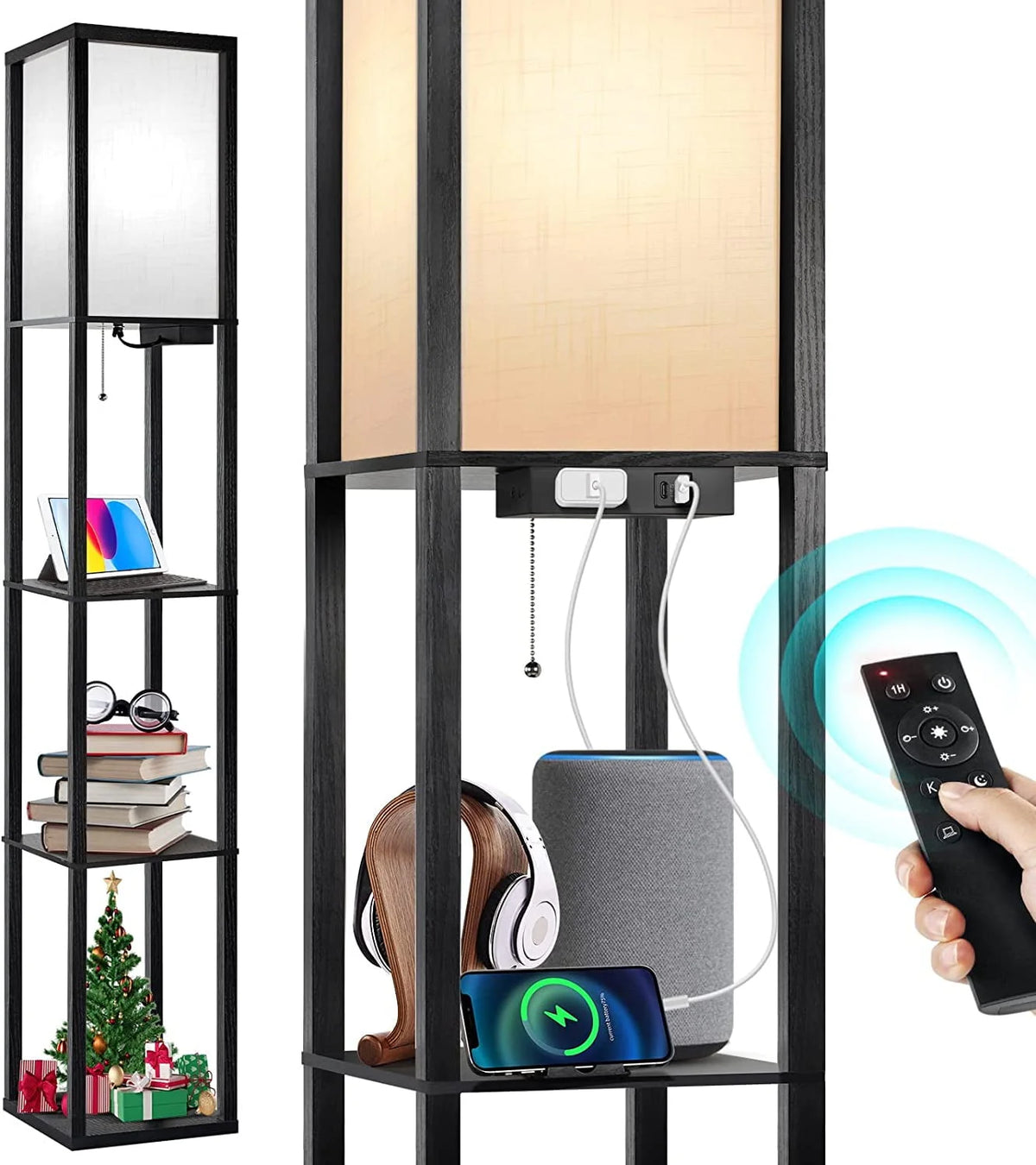 Floor Lamp with Shelves, USB Port, Linen Shade H555