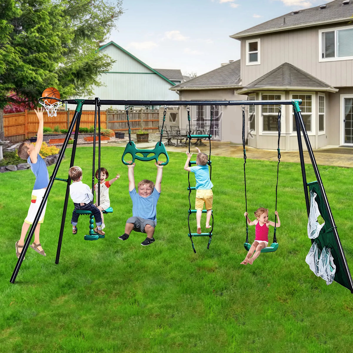 5 in 1 Metal Swing Set with Slide and Glider O232180