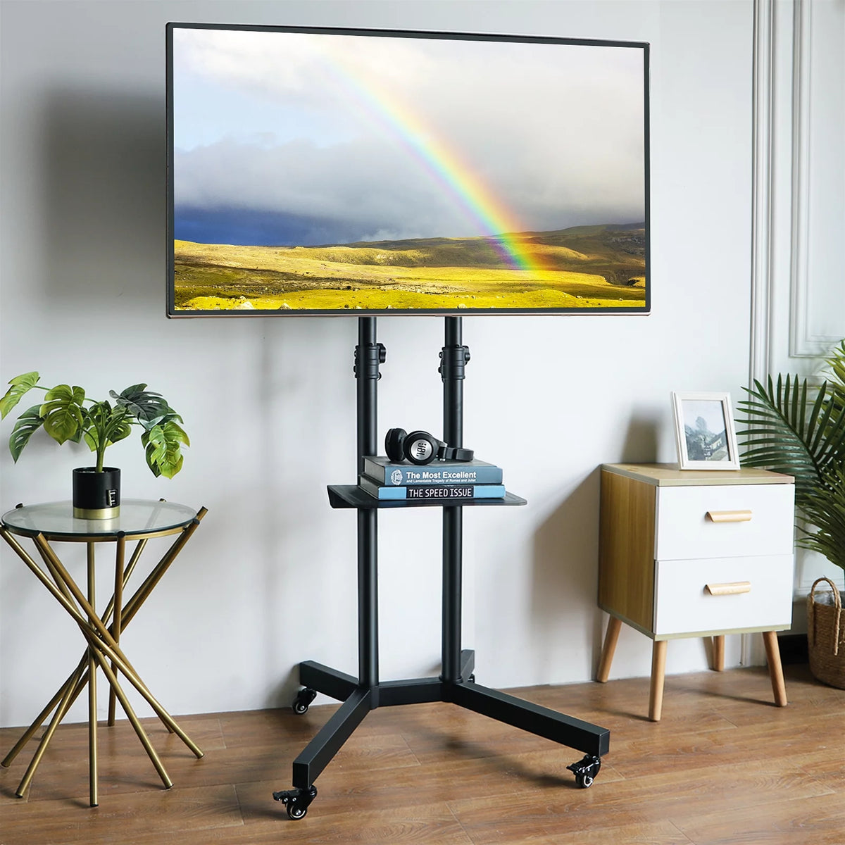 Black Mobile TV Stand Cart on Wheels for 32 to 75 inch TVs H6919
