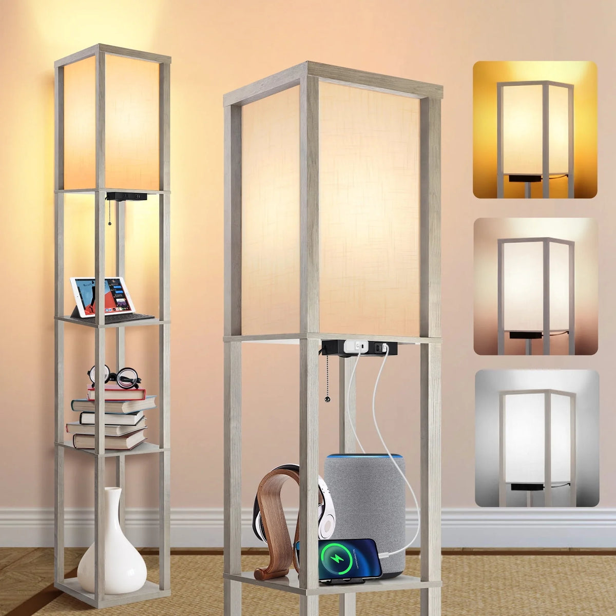 Floor Lamp with Shelves, USB Port, Linen Shade H555