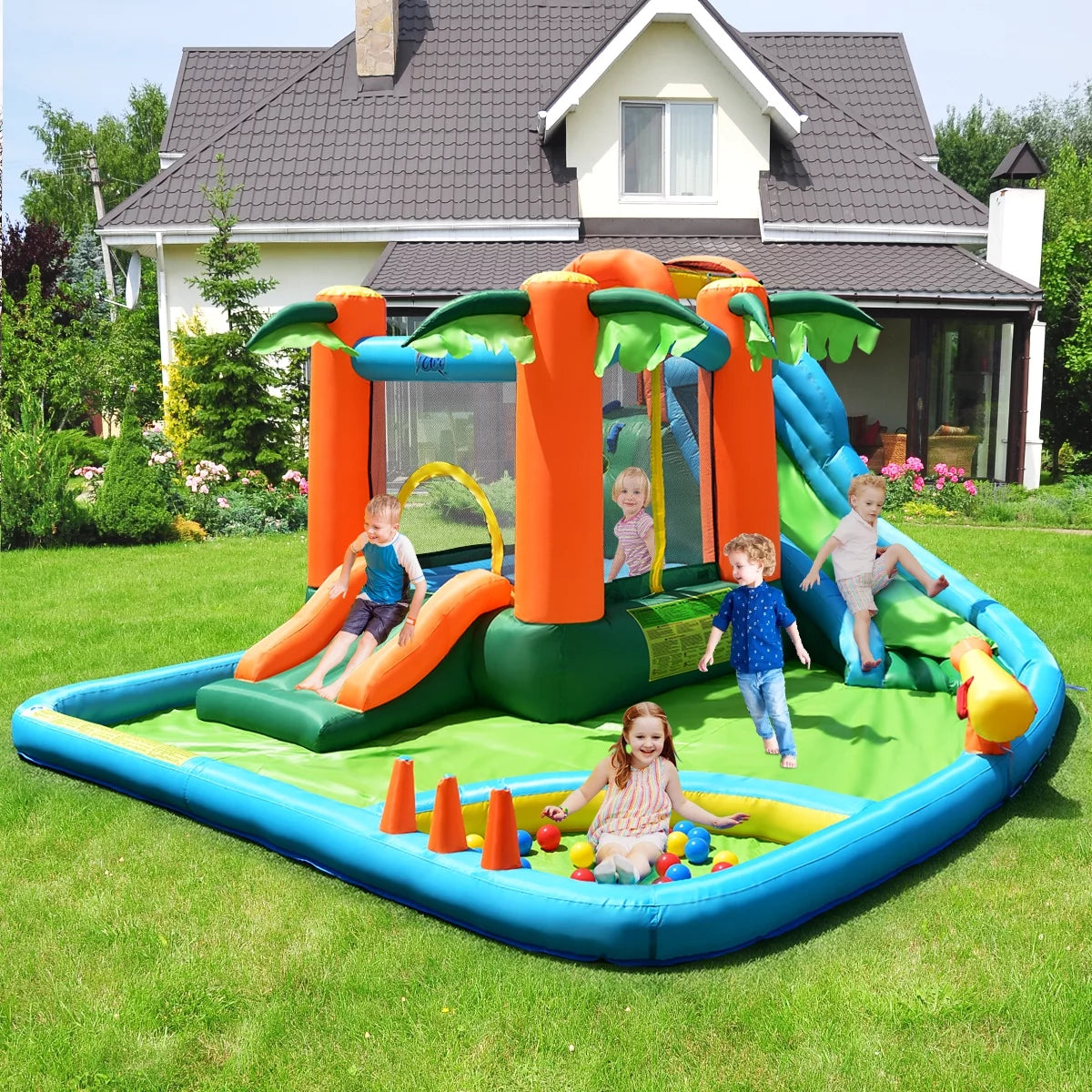 Inflatable Bounce House Kids Water Splash Pool Dual Slide W792096